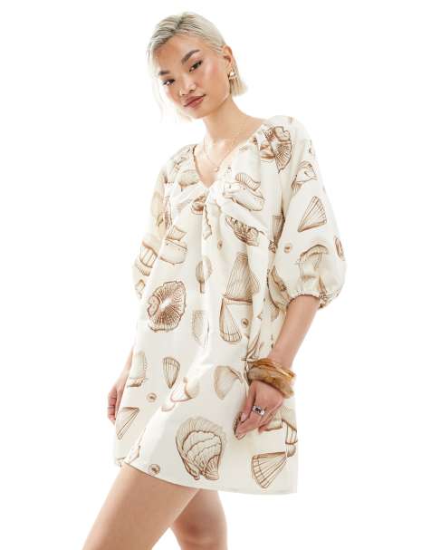Vero Moda blouson sleeve mini dress in neutral shell print - view 1