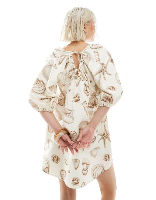 Vero Moda blouson sleeve mini dress in neutral shell print