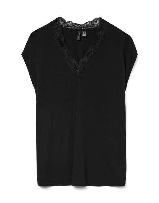 Vero Moda - Blusa a maniche corte nera con finiture in pizzo, 6 di 6