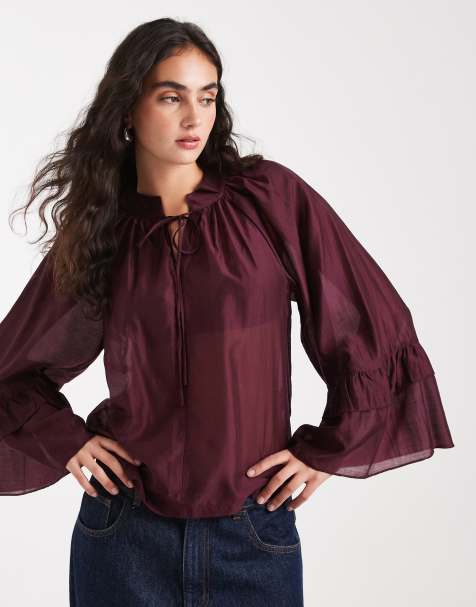 Vero Moda - Blusa bohémien bordeaux con maniche oversize e volant - view 1