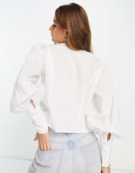 Vero Moda - Bluse med pufærmer og knapdetalje i hvid, 3 af 4