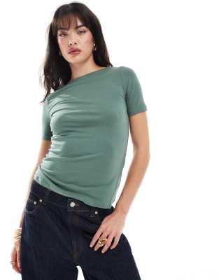 Vero Moda boat neck fitted t-shirt in khaki-Green