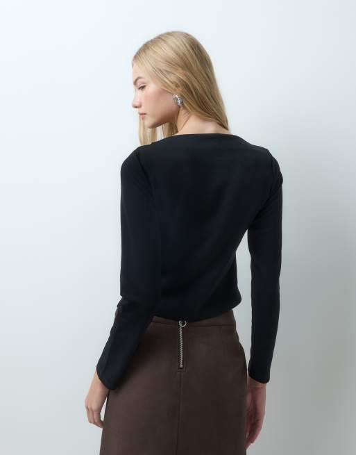 Vero Moda boatneck asymmetric long sleeve top in black, 4 of 4
