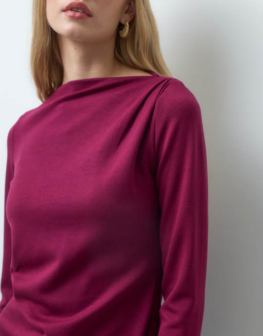 Vero Moda boatneck asymmetric long sleeve top in burgundy, 2 of 4