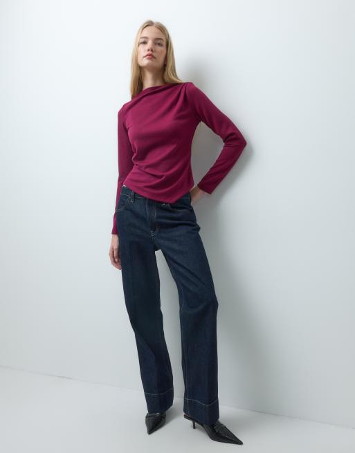 Vero Moda boatneck asymmetric long sleeve top in burgundy, 4 of 4