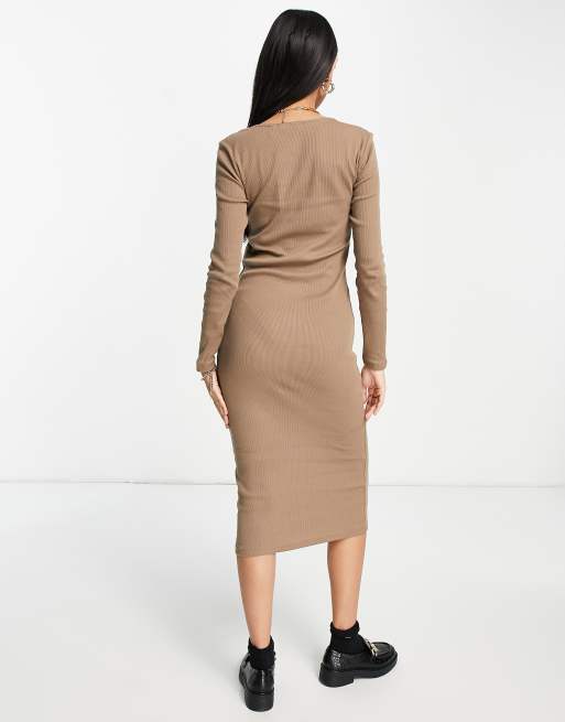 Vero Moda - Bodycon midi jurk met vierkante hals in lichtbruin, 2 van 4