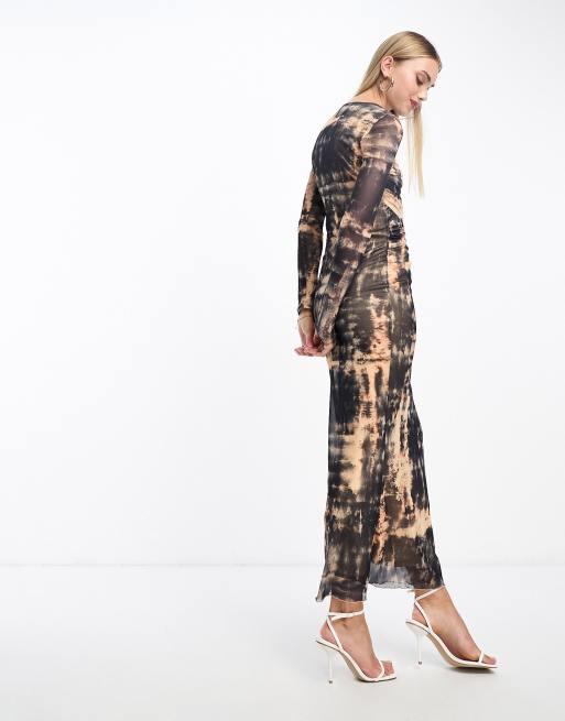 Vero Moda - Bodycon mini-jurk met mesh met lange mouwen en abstracte print in multi, 3 van 4