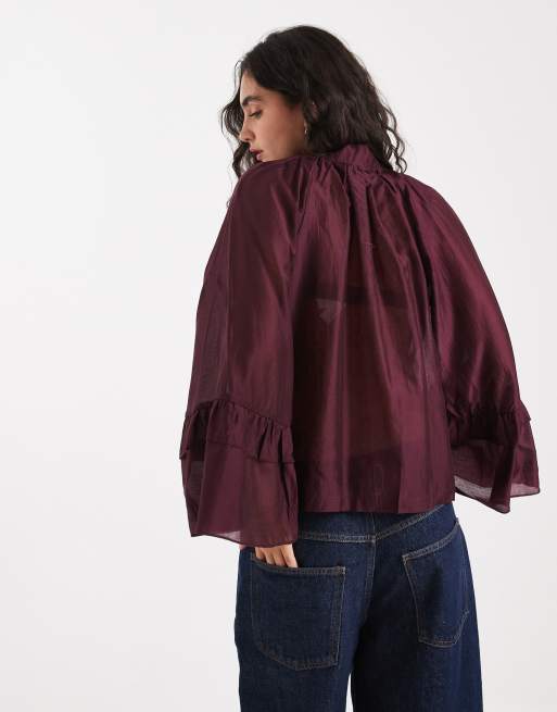 Vero Moda - Boho-blouse met oversized mouwen met ruches in bordeauxrood, 4 van 4