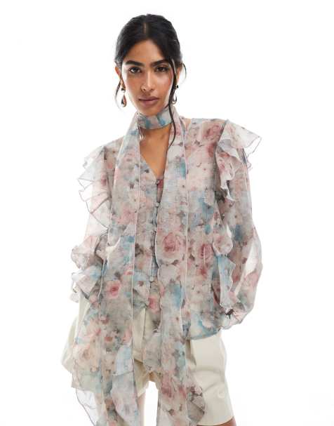 Vero Moda - Boho-bluse med flæsekant, blouson-ærmer og separat tørklæde i falmet blomstermønster - view 1