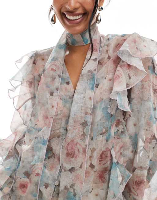 Vero Moda - Boho-bluse med flæsekant, blouson-ærmer og separat tørklæde i falmet blomstermønster, 3 af 4