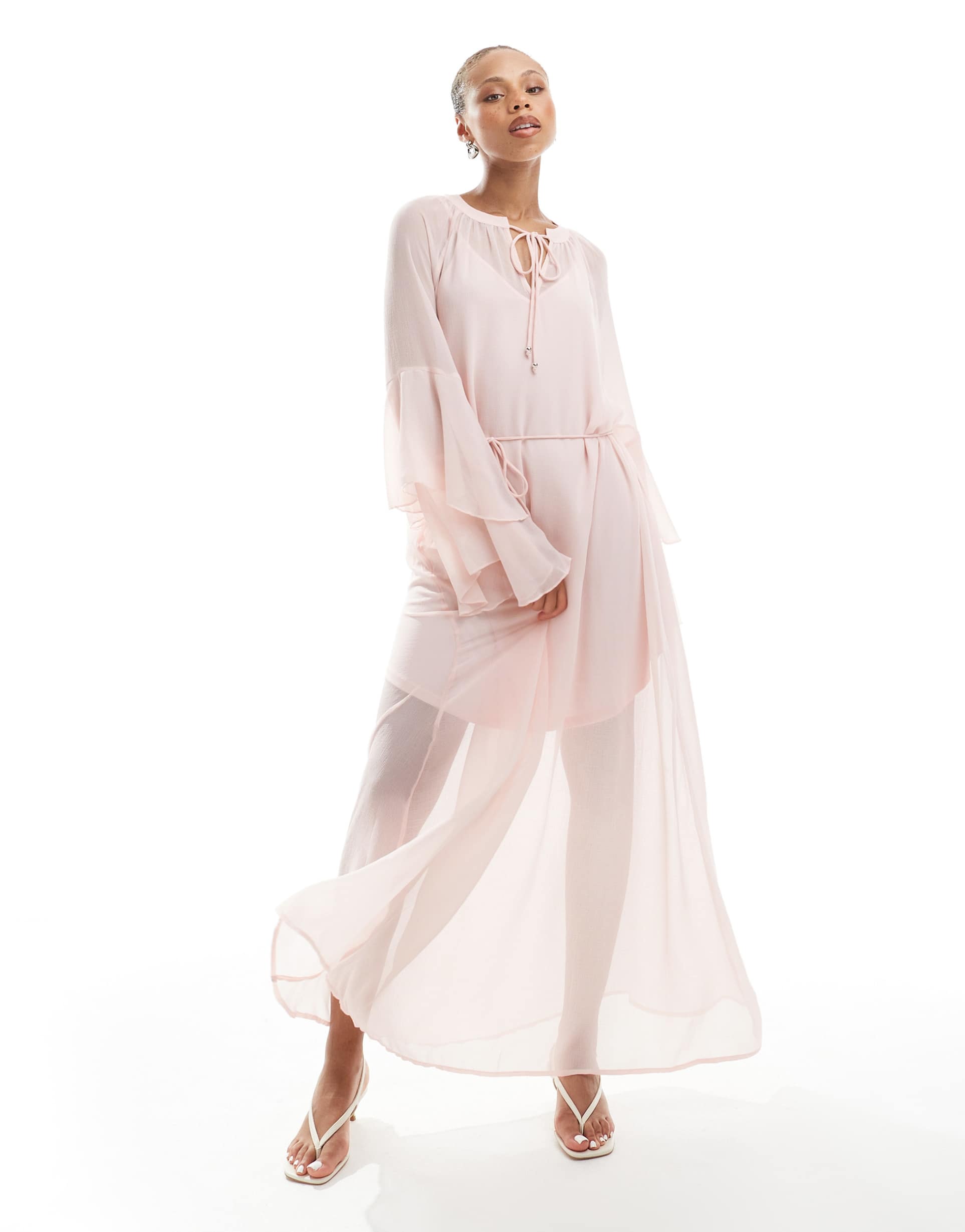 vero moda boho frill sleeve tie waist maxi dress in rose pink