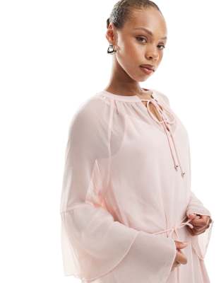 Vero Moda Boho Frill Sleeve Tie Waist Maxi Dress In Pink