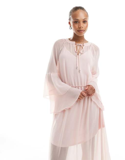 Vero Moda - Boho maxi jurk met ruches aan de mouwen en strikceintuur in roze, 3 van 4