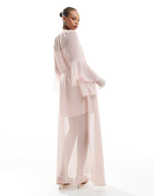 Vero Moda - Boho maxi jurk met ruches aan de mouwen en strikceintuur in roze, 4 van 4