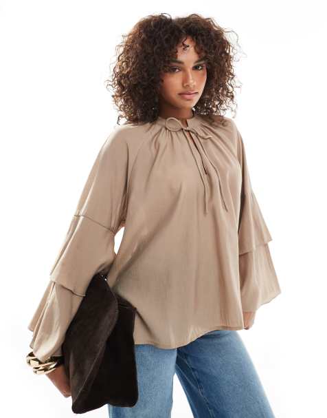 Vero Moda – Boho-Oberteil in Nerzbraun mit gestuften Rüschenärmeln - view 1