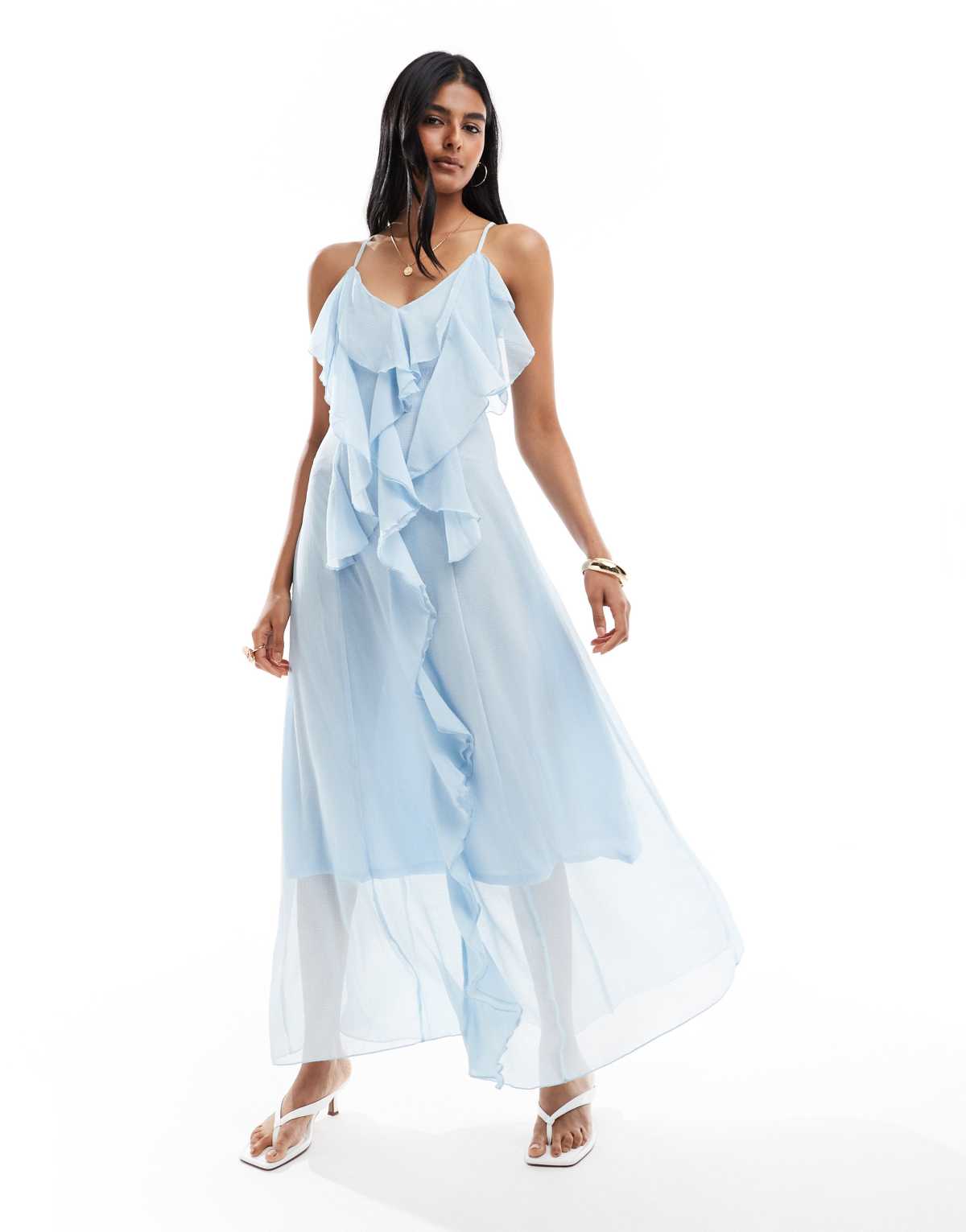 Vero Moda boho ruffle cami maxi dress in blue
