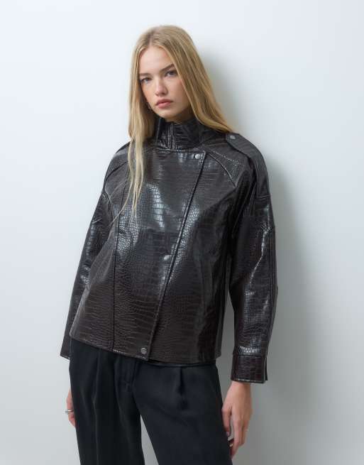 Vero Moda bomber en imitation cuir effet croco chocolat, 3 de 4