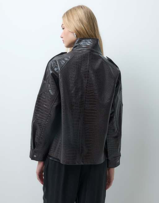 Vero Moda bomber en imitation cuir effet croco chocolat, 4 de 4