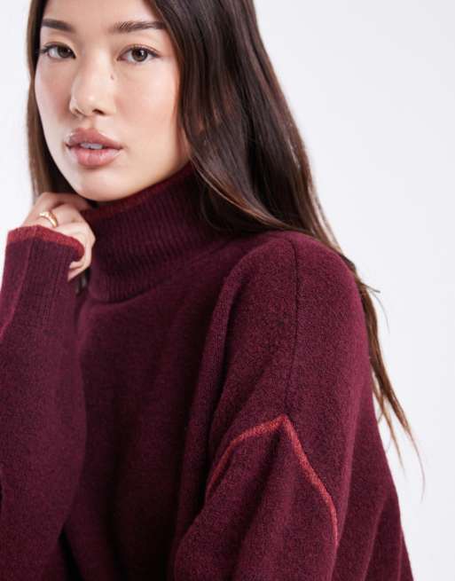 Vero Moda - Bordeaux strikket trøje med høj hals og kontrasterende kantdetaljer, 4 af 4