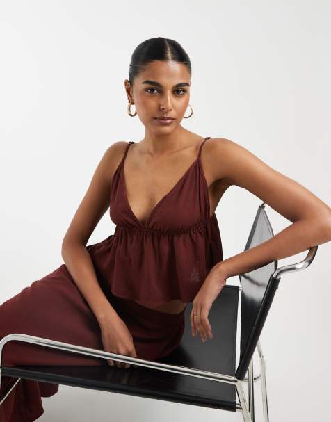 Vero Moda - Bordeauxrød cami-top i hørmateriale med stropper - Del af sæt - view 1