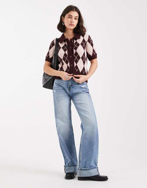 Vero Moda - Bordeauxrød og lyserød cardigan med korte ærmer og argyle-print samt polokrave, 3 af 4
