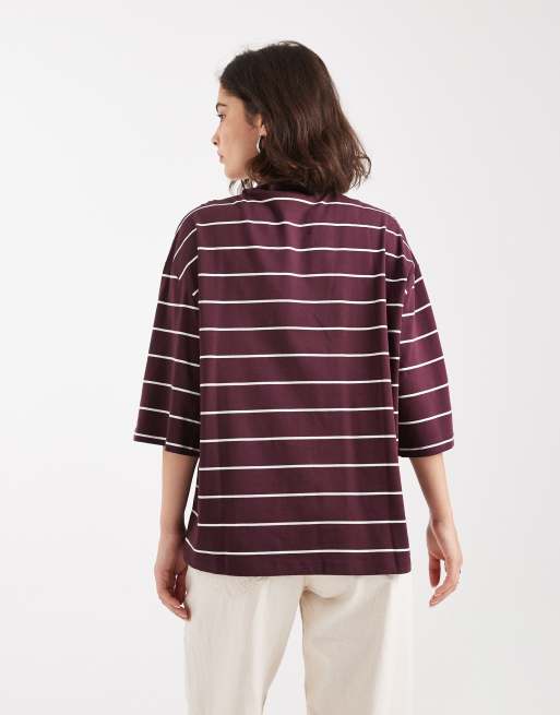 Vero Moda - Bordeauxrød og stribet samt højhalset T-shirt med sænkede skuldre, 2 af 4
