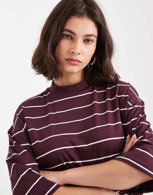 Vero Moda - Bordeauxrød og stribet samt højhalset T-shirt med sænkede skuldre, 4 af 4