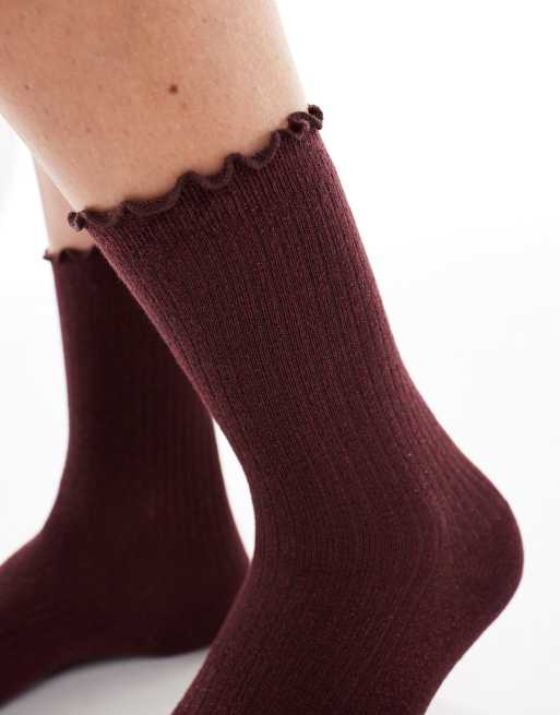 Vero Moda - Bordeauxrøde sokker med glimmer og flæsekant, 2 af 3