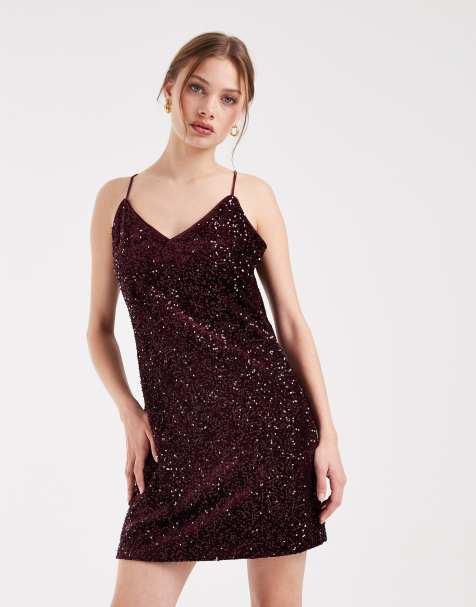 Vero Moda – Bordowa cekinowa sukienka mini na ramiączkach - view 1