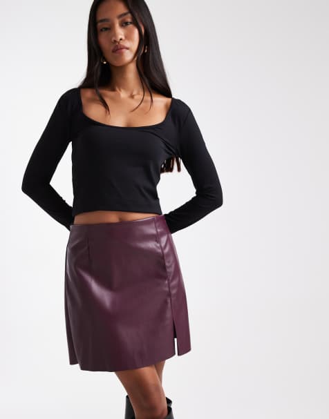Vero Moda faux leather mini skirt with notch front in burgundy