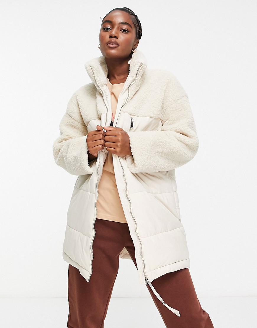 Vero Moda borg panelled puffer coat in cream-White