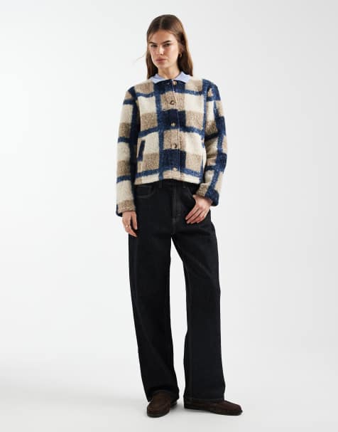 Vero Moda boucle textured collarless short jacket in beige and navy check