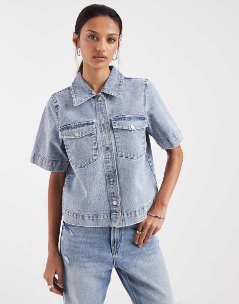 Vero Moda - Boxy denim overhemd met korte mouwen in lichtblauwe wassing - view 1