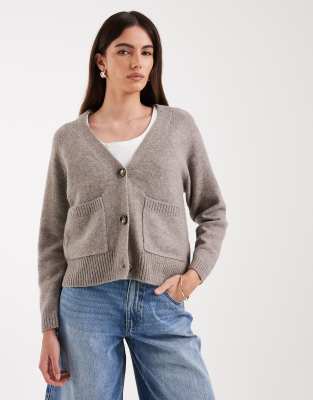 Vero Moda Boxy Knit Cardigan With Pockets In Brown