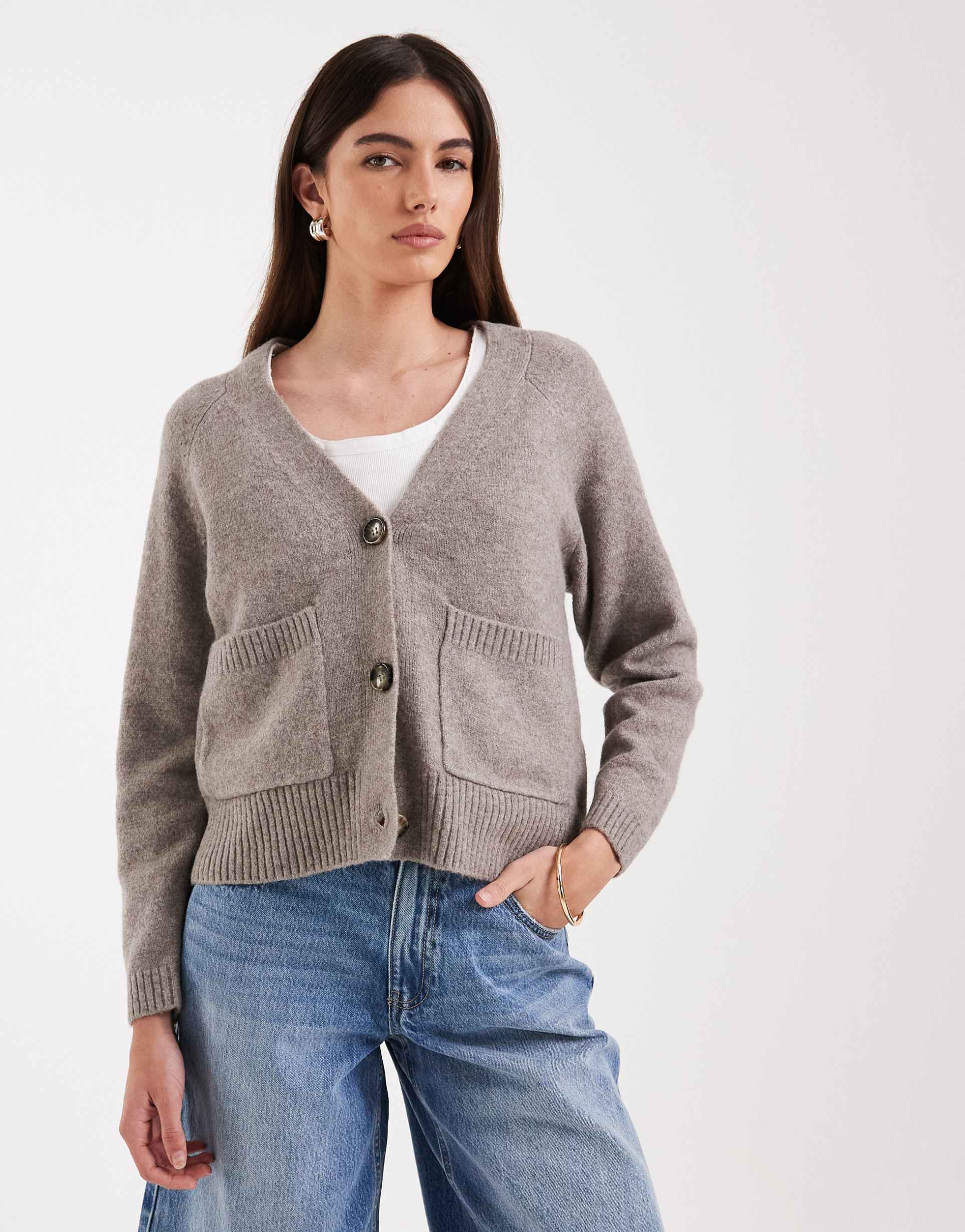 vero moda boxy knit cardigan with pockets in moon rock