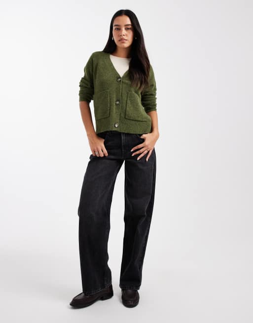 Vero Moda boxy knitted cardigan with pockets in cypress green, 3 of 4