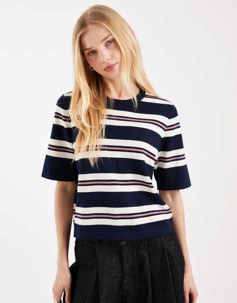 Vero Moda boxy knitted short sleeve t-shirt in navy, cream and rose stripe - view 1