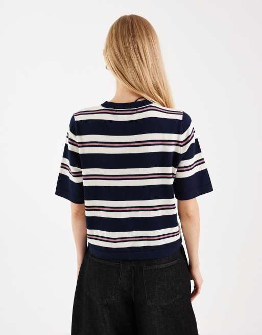 Vero Moda boxy knitted short sleeve t-shirt in navy, cream and rose stripe, 3 of 4