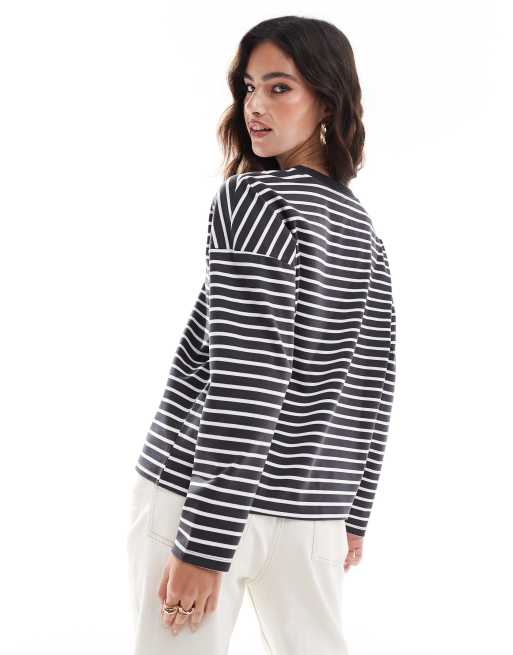Vero Moda boxy long sleeve t-shirt in dark grey and white stripe, 4 of 4