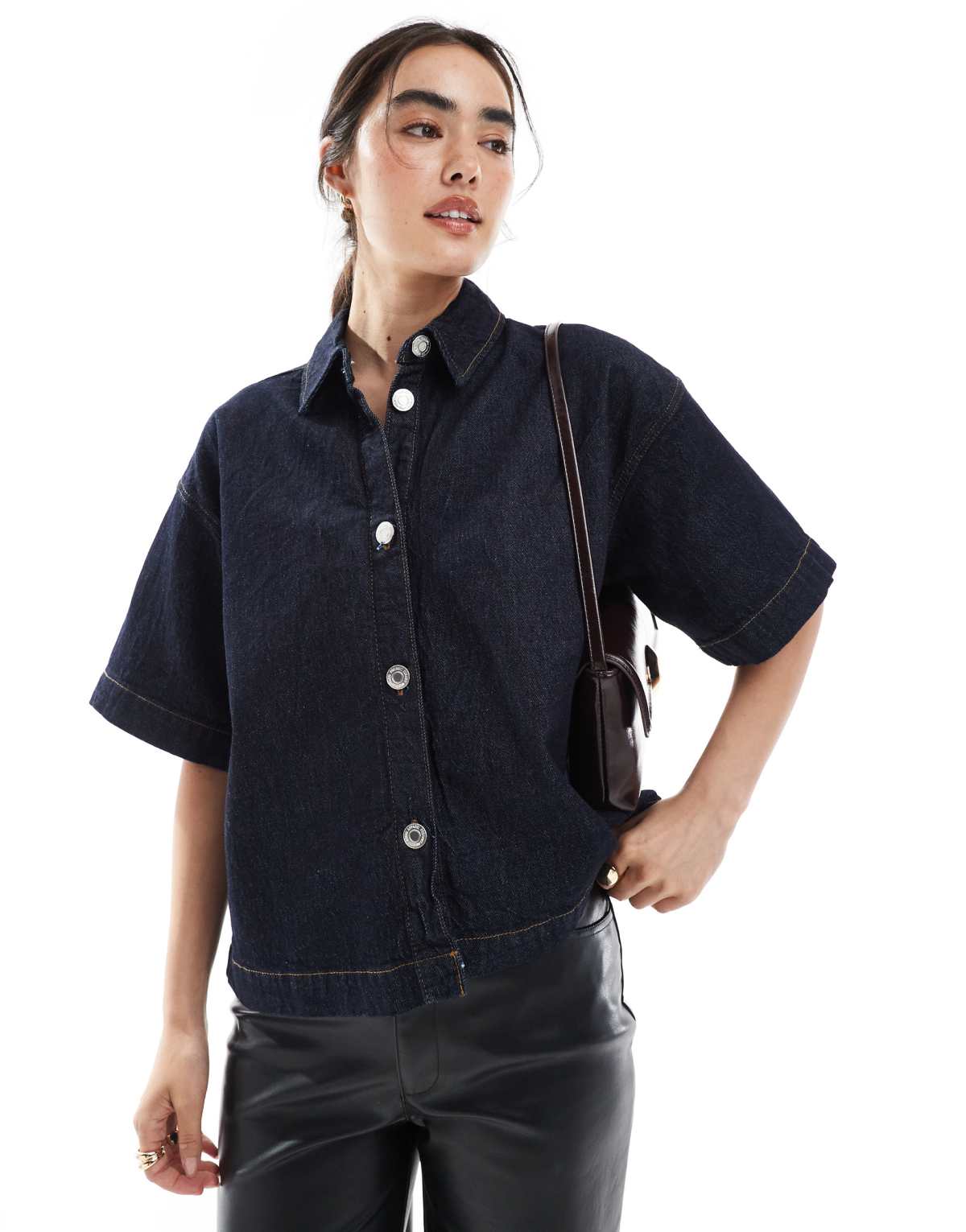 Vero Moda boxy short sleeve denim shirt in dark blue rinse