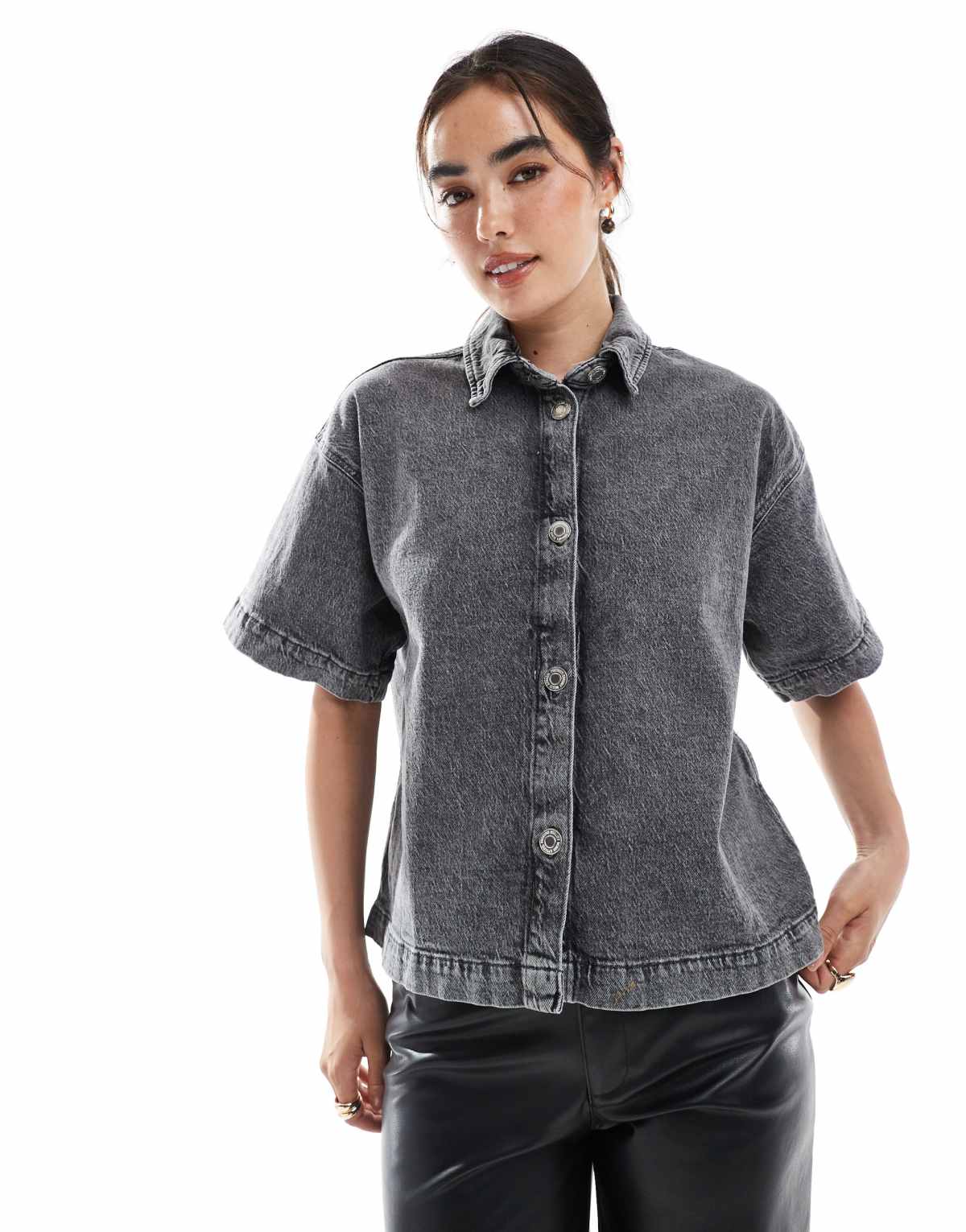 Vero Moda boxy short sleeve denim shirt in medium grey wash