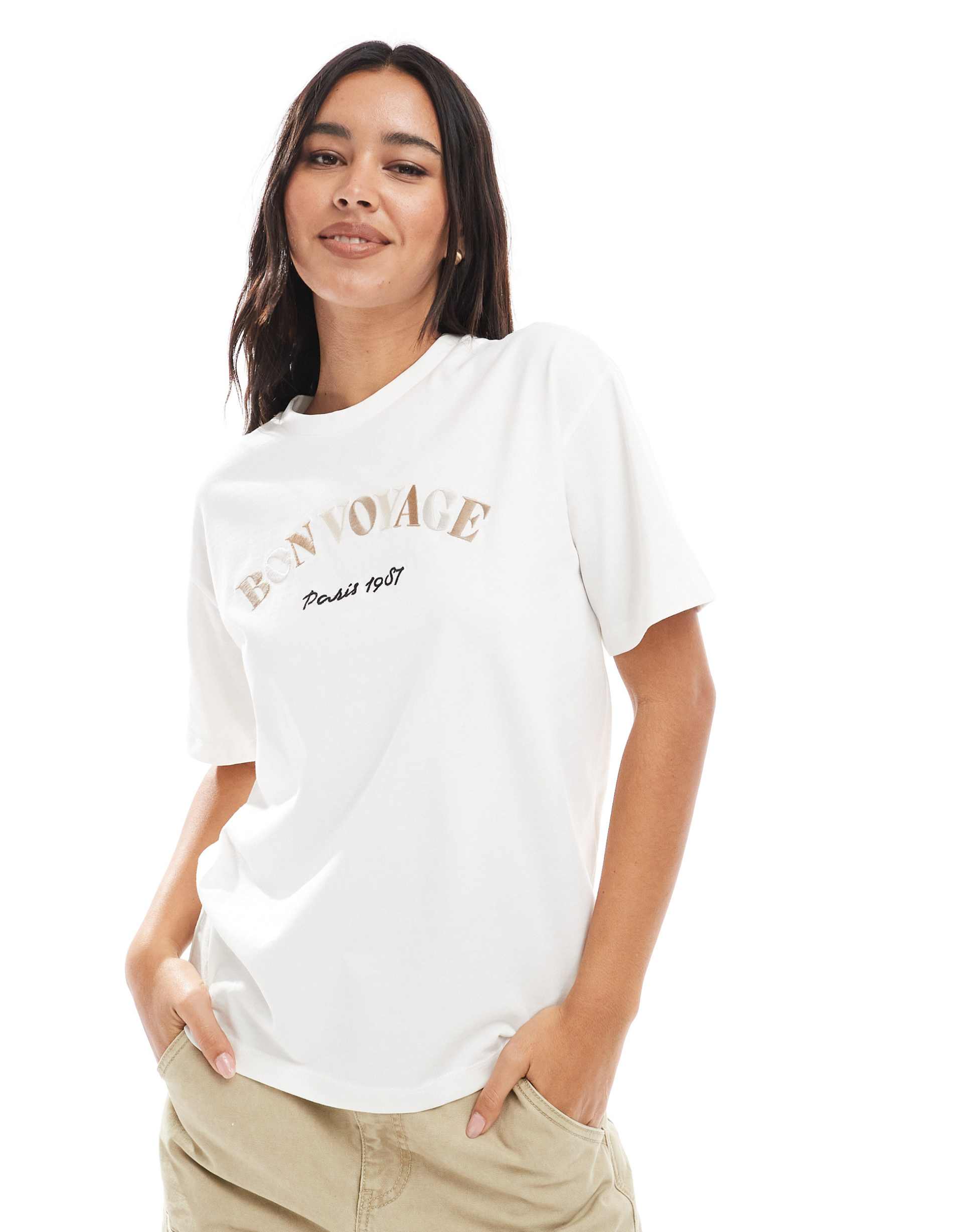 vero moda boxy t-shirt with bon voyage embroidery in white