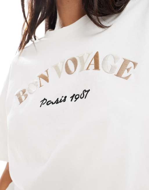 ★SATUR★ Bon Voyage Low Cut Applique Short Sleeve T-Shirt S SATUR | 세터 | 세터 로고 자수 보야지 반팔 티셔츠 아이보리 오렌지