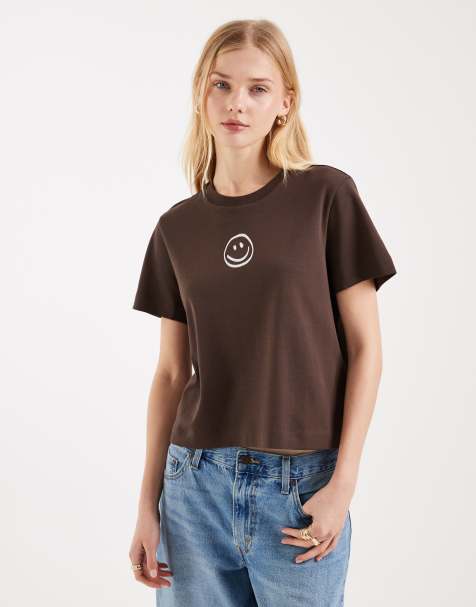 Vero Moda boxy tee with smile face graphic in brown - view 1