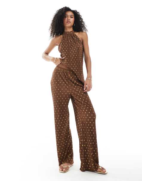 Vero Moda plisse wide leg trouser co-ord in chocolate and gold spot