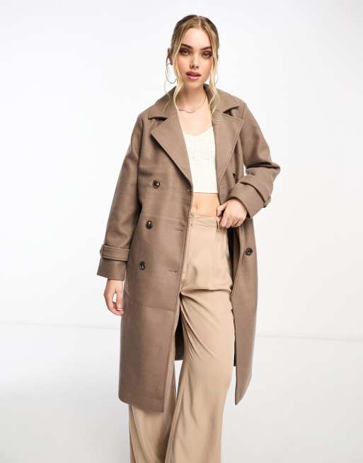Vero Moda – Brązowy elegancki prochowiec dwurzędowy