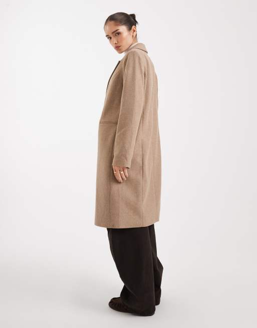 Vero Moda – Brązowy płaszcz o dopasowanym kroju z mieszanki wełny w jodełkę, 2 z 4