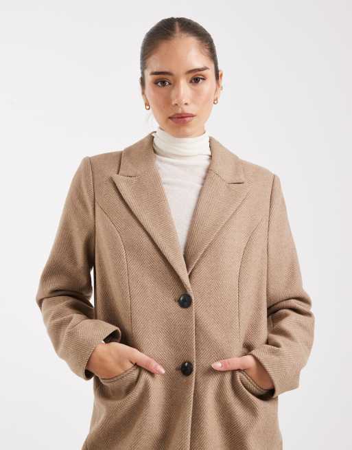 Vero Moda – Brązowy płaszcz o dopasowanym kroju z mieszanki wełny w jodełkę, 4 z 4