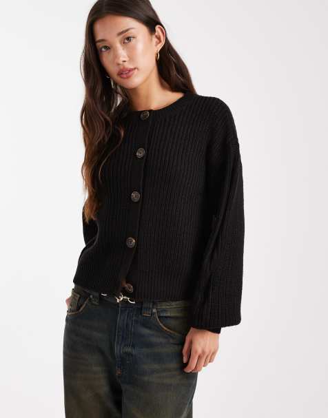 Vero Moda – Breit gerippte Strickjacke in Schwarz mit Rundhalsausschnitt - view 1