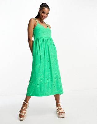 Vero Moda Broderie Cami Midi Dress In Green